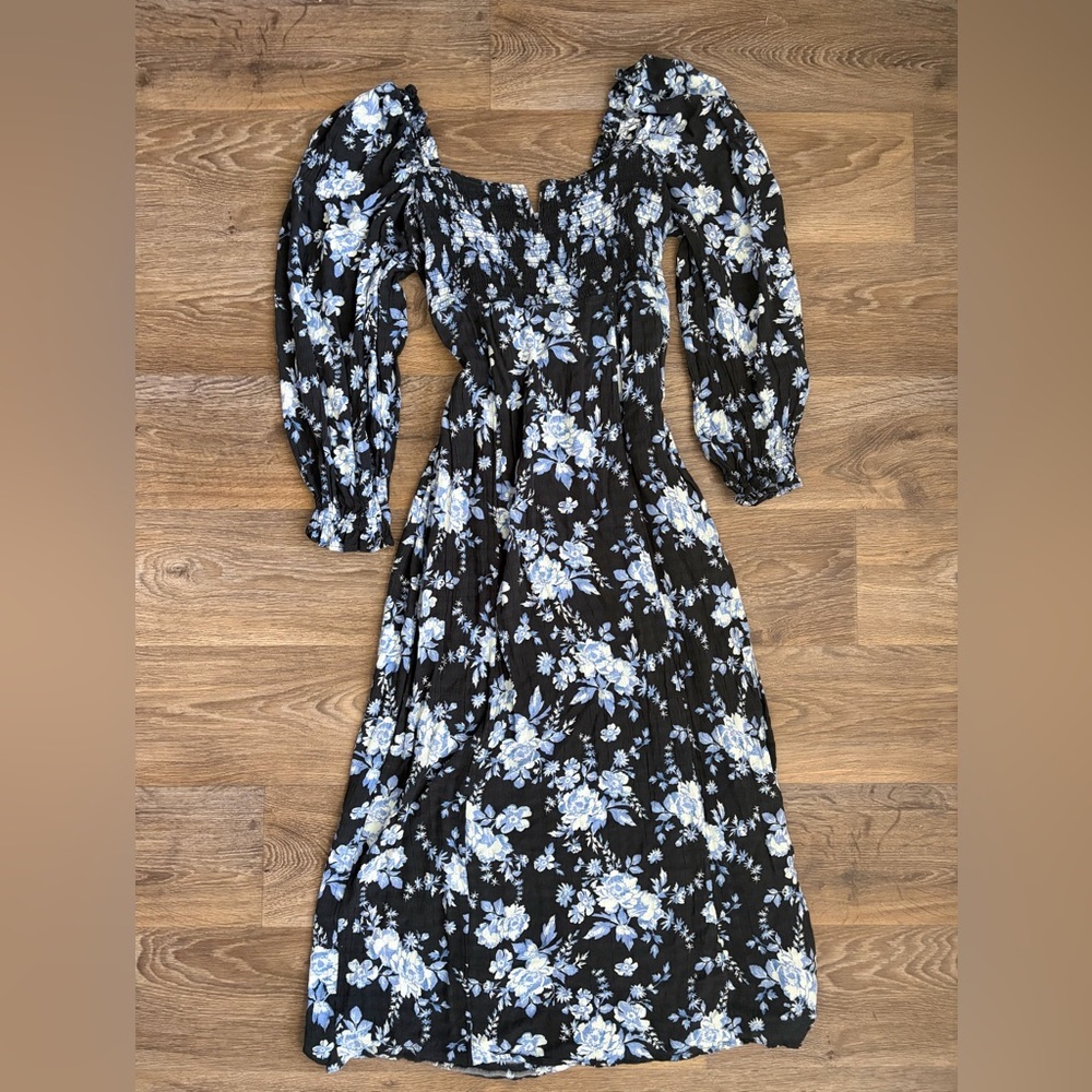 Free People Black Blue Floral Smocked Midi Dress Puff Sleeve Cottagecore Boho S